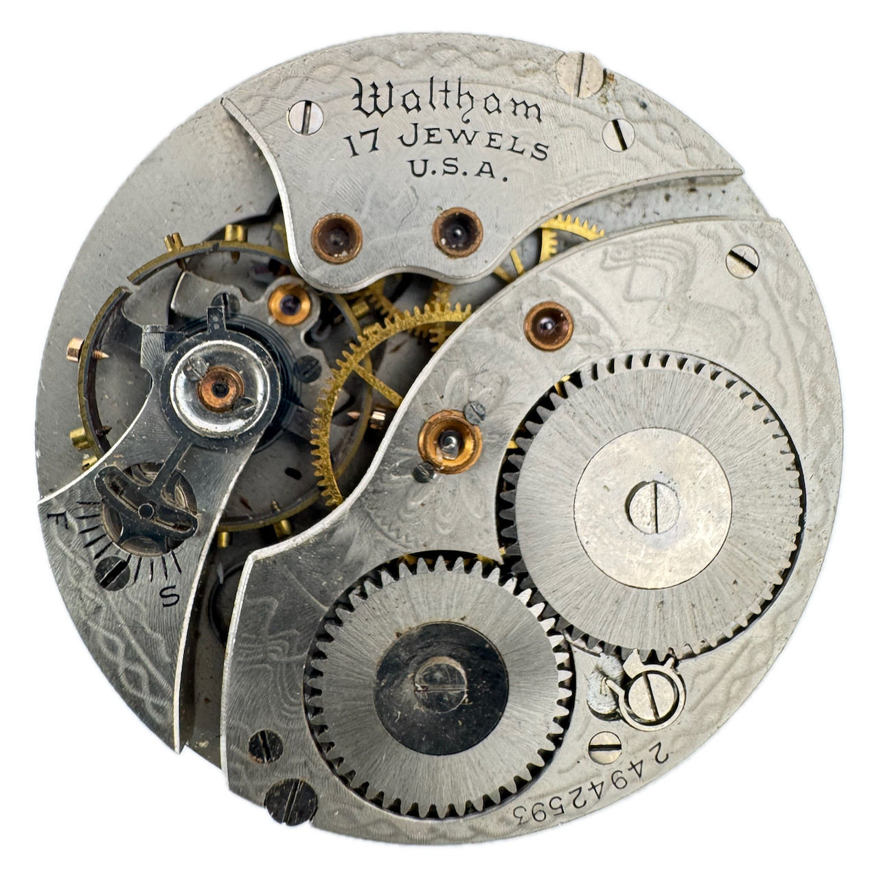 Antique 12s 1925 Waltham Mechanical Pocket Watch Movement 225 Art Speckled Dial