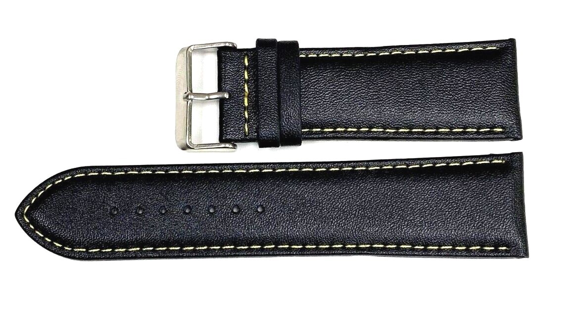 Watch Band Genuine Leather Plain PADDED With Stitches Black Color Of Size 24MM