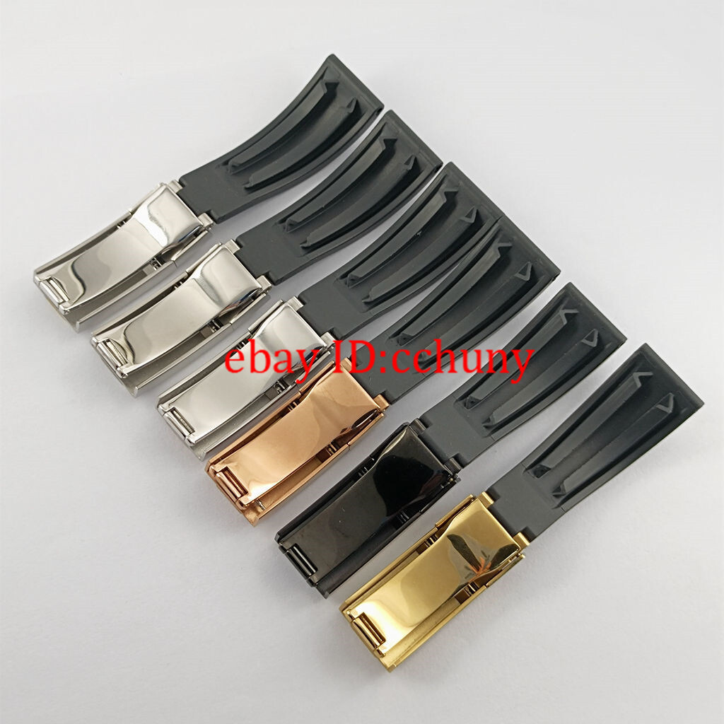20mm black Curved Rubber watch strap with silver/gold plated buckle watchband