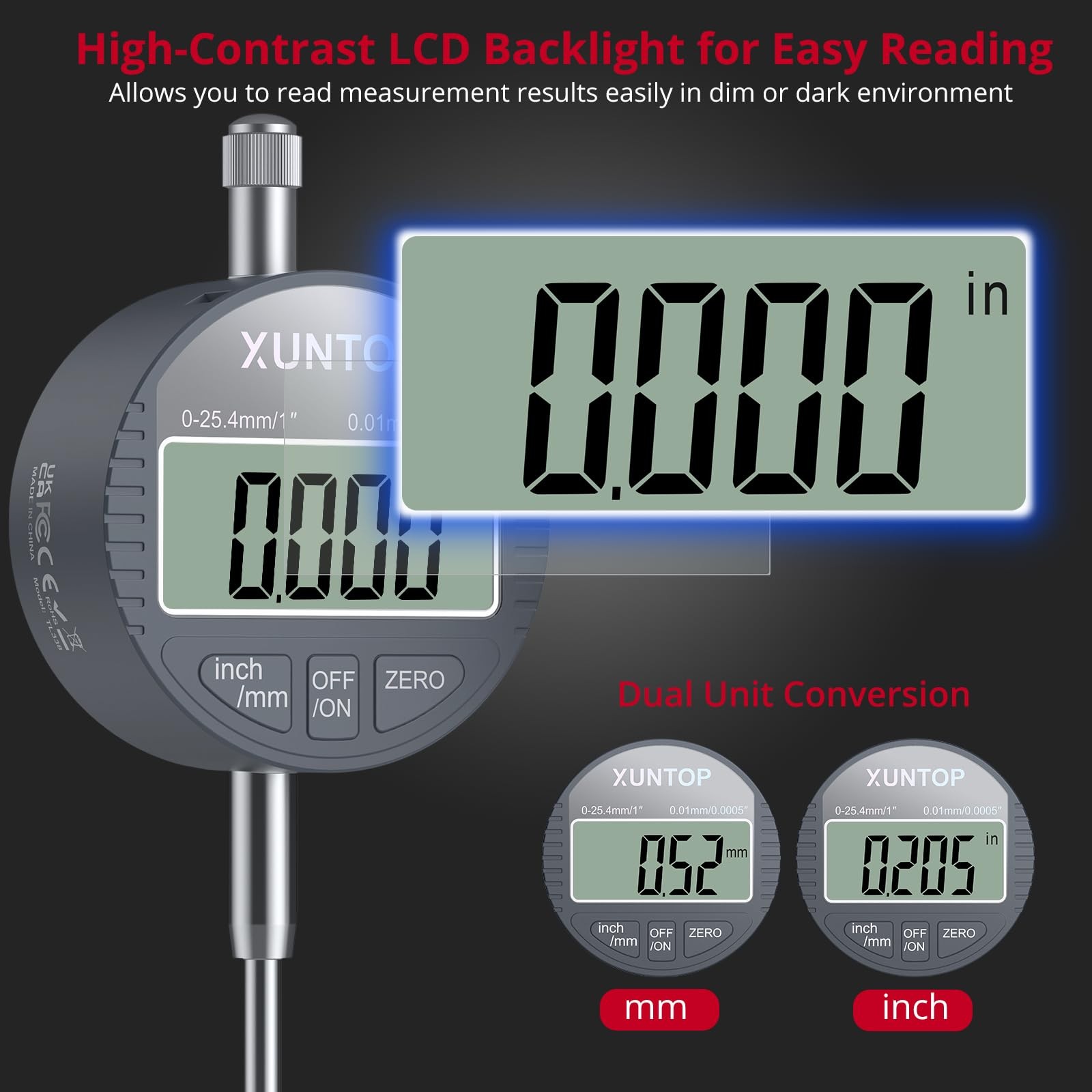 XUNTOP Digital Dial Indicator 1inch/0.0005inch LCD Display Electronic Dial Test