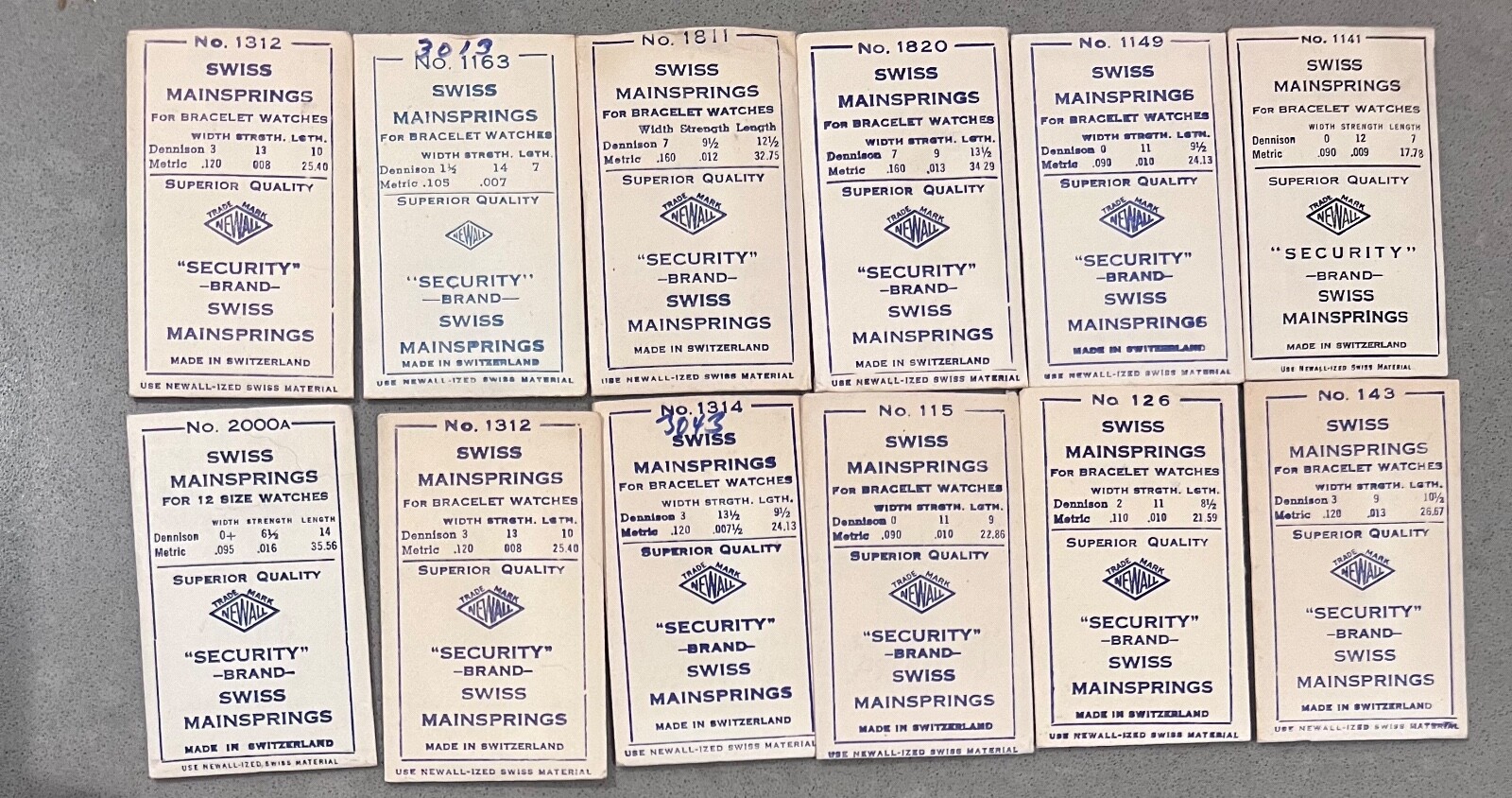 Lot of 12 Newall Security Swiss Mainspring NOS Various Models – A2