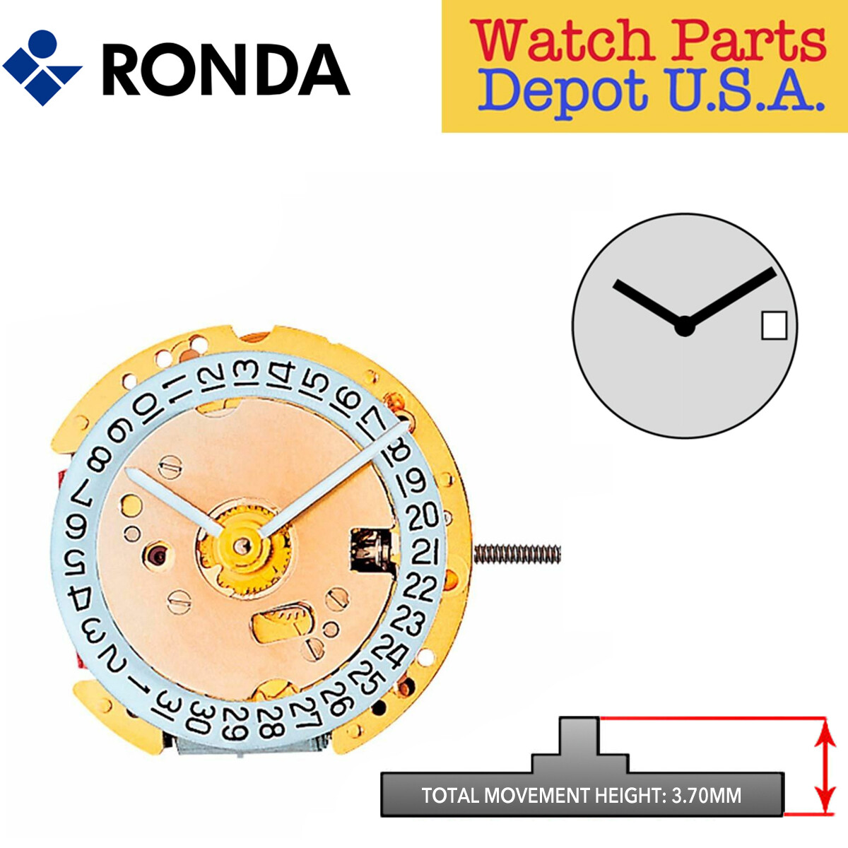 Genuine Ronda 774 Quartz Watch Movement, 2 Hands, Date at 3 (Swiss Made)