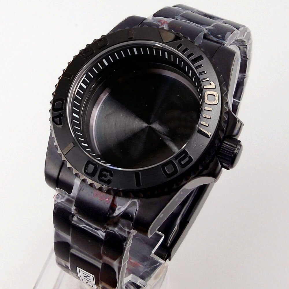 40mm Black PVD Sapphire Glass Watch Case Fit NH35A NH36A ETA2824 PT5000 Rubber