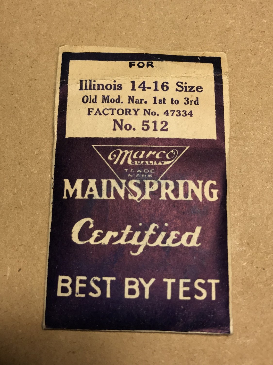 Marco Mainspring #512 for 14s & 16s Illinois Factory No. 47334 – Steel