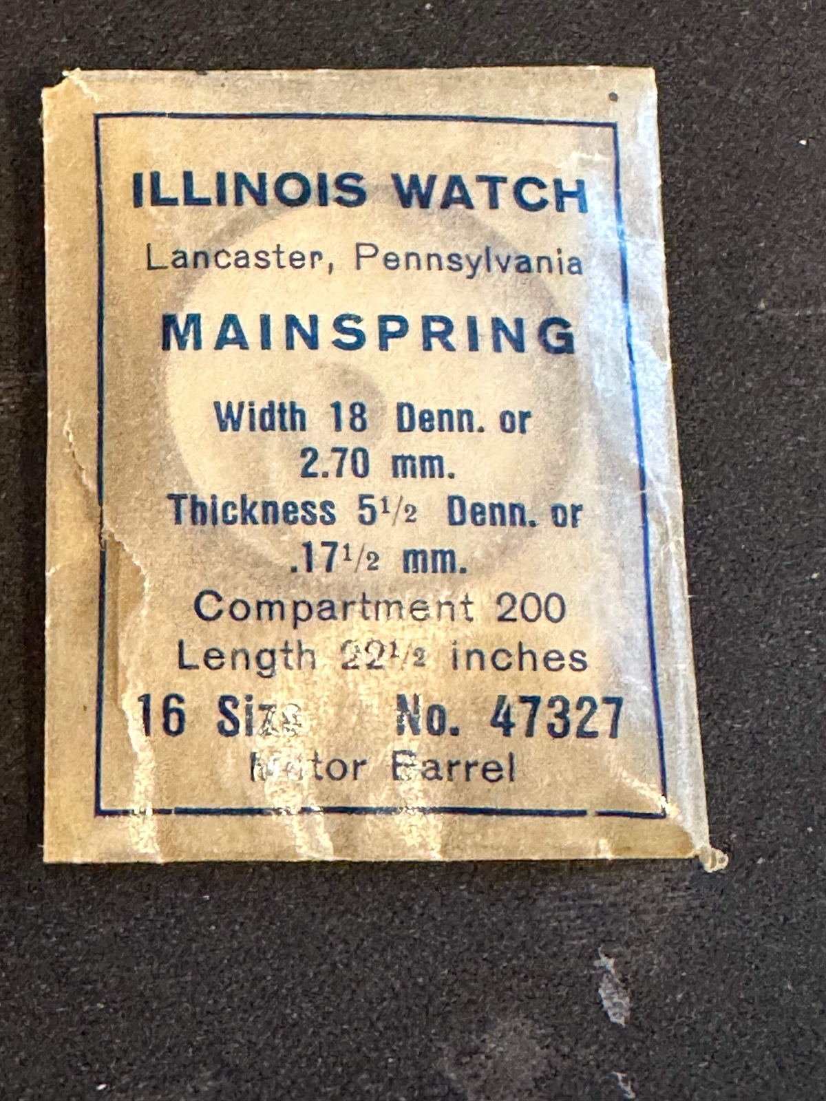 Illinois Factory Mainspring No. 47327 for 16s Bunn & Sangamo Railroad Watches –