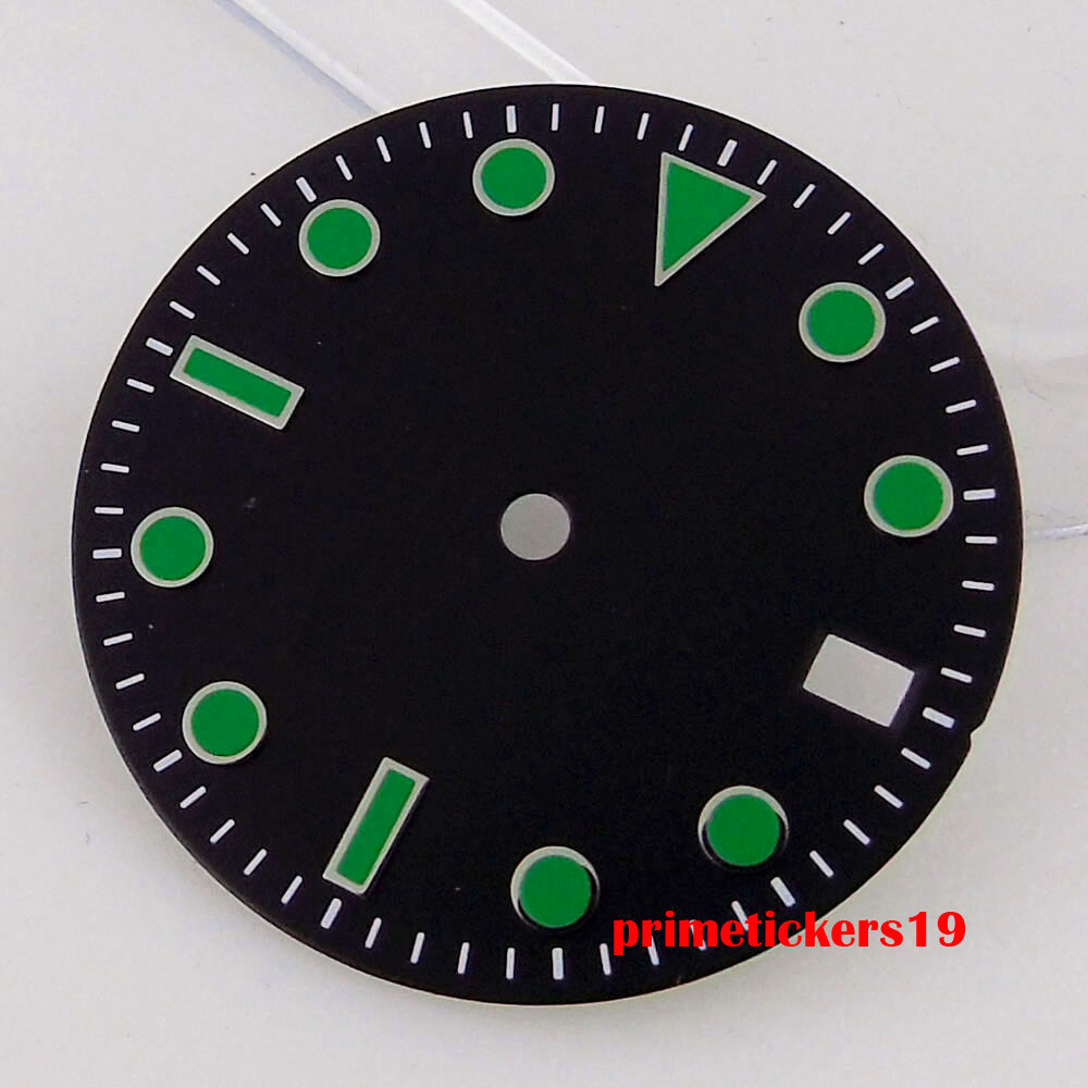 28.5mm Black/White/Green Sterile Watch Dial Face Hands Date Window Fit NH35 Movt
