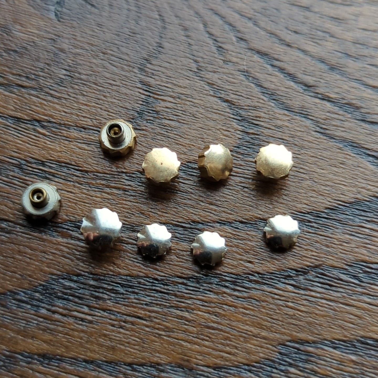 Lot of 9 Pieces of Steel and Gold Buzz Saw Shaped Watch Crowns 4.75mm 5.1mm H70