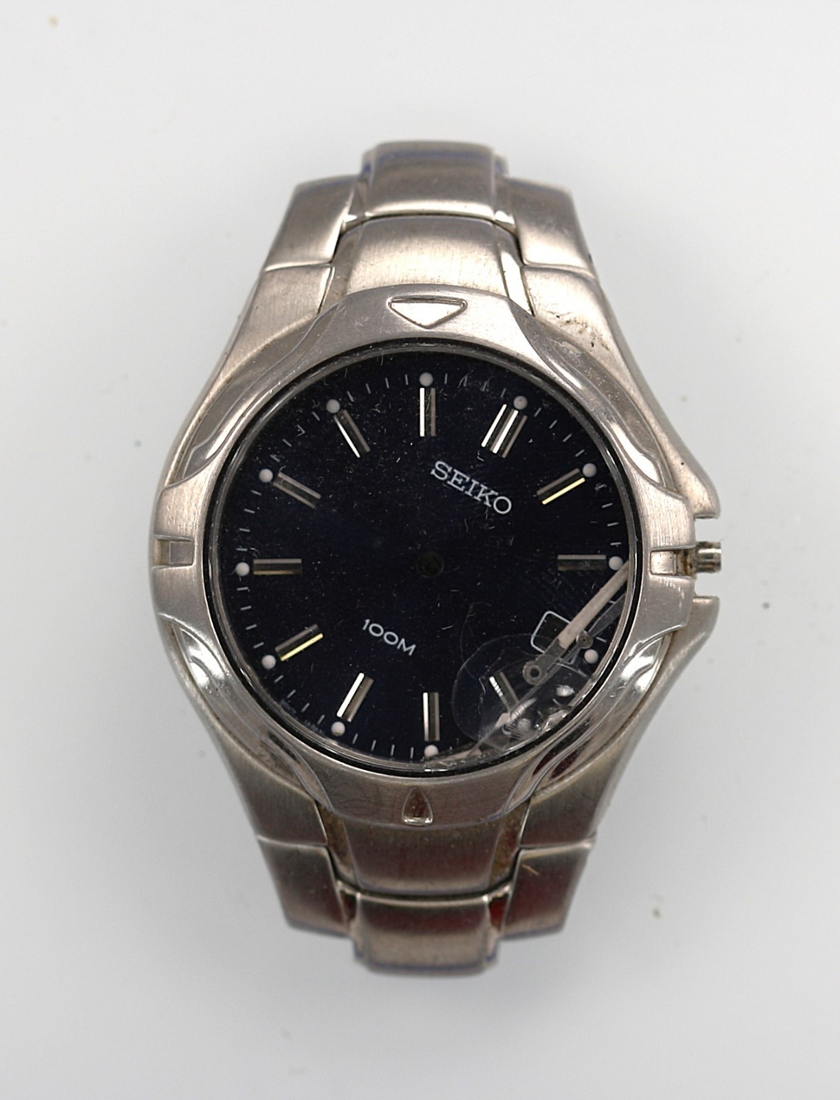 Seiko Watch Men 100m Battery Silver Stainless St 7N42-7000 Blue Date NON-WORKING