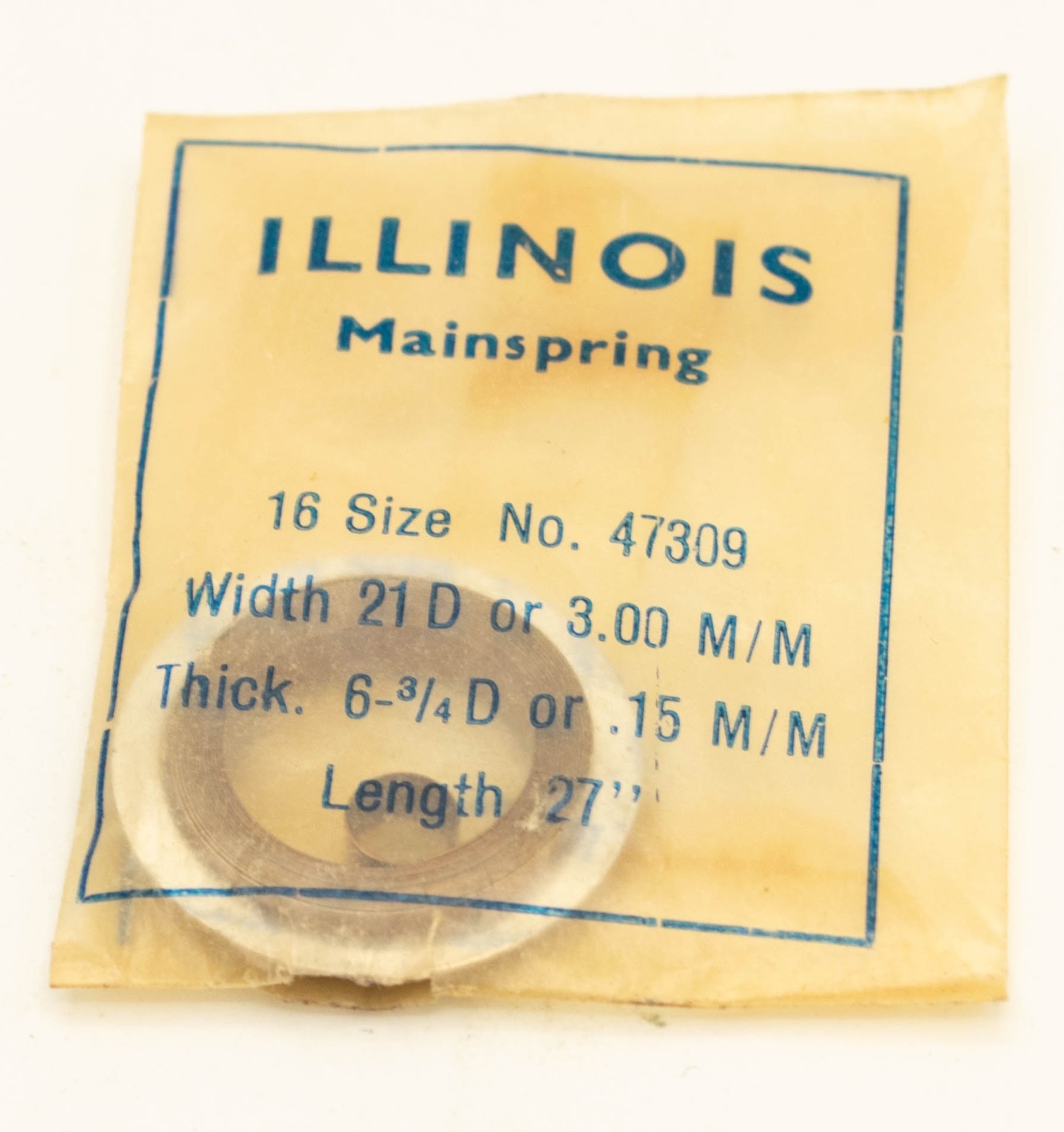 Illinois Mainspring No 47309 16 Size NOS Pocket Watch Part In Envelope