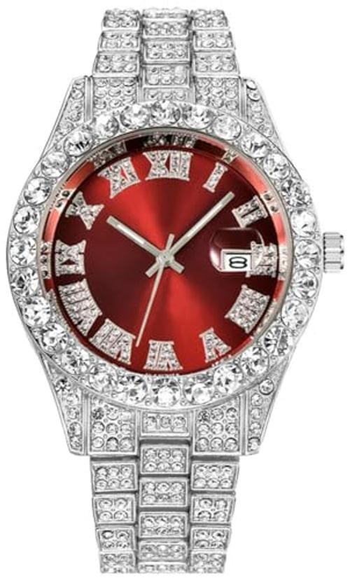 Hip Hop Watches for Men Iced-Out Bling Diamond Luxury Quartz 42mm Silver Red