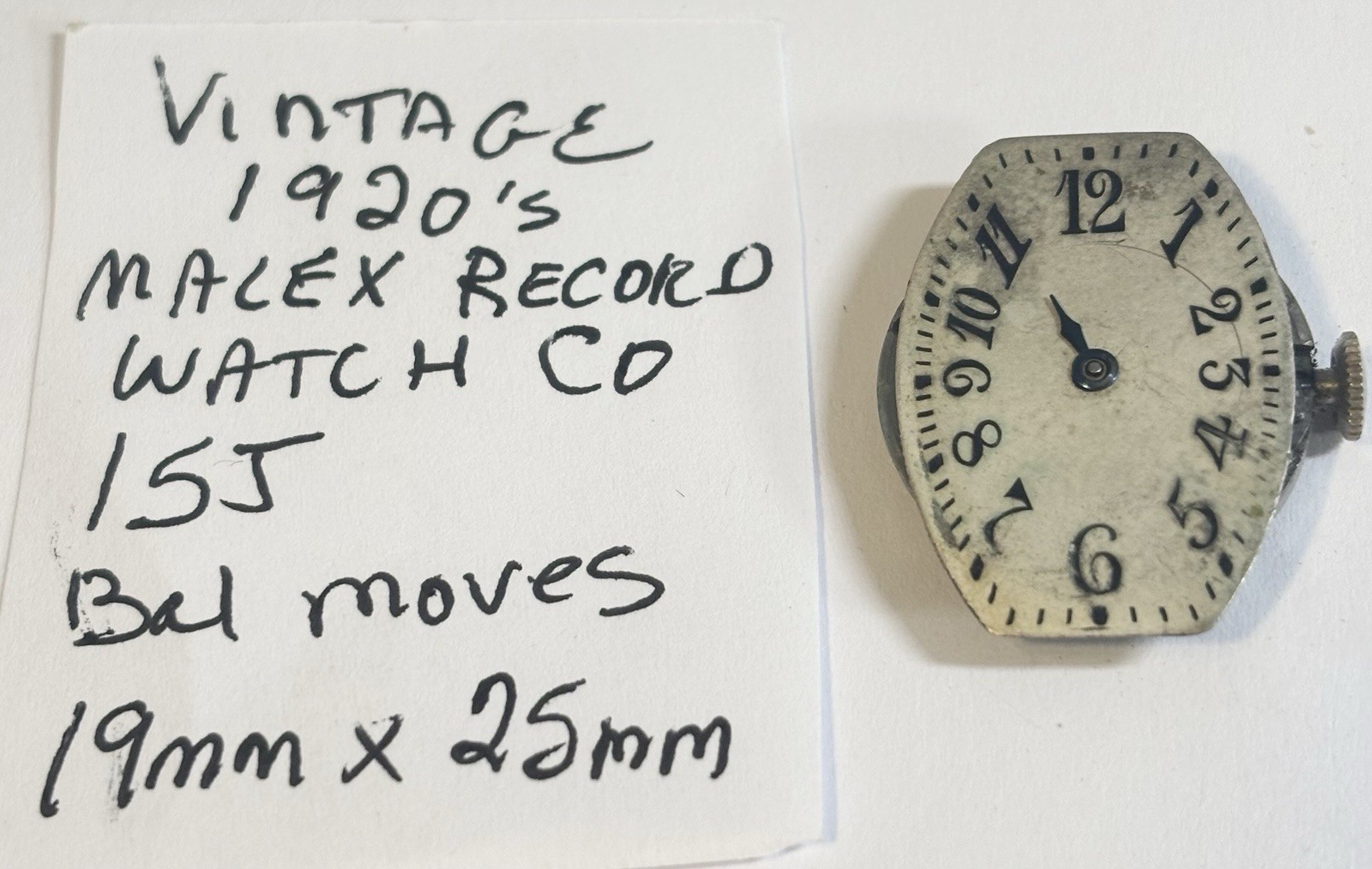 Vintage 1920s Malex Record 15J Wristwatch Movement 19mm X 25mm