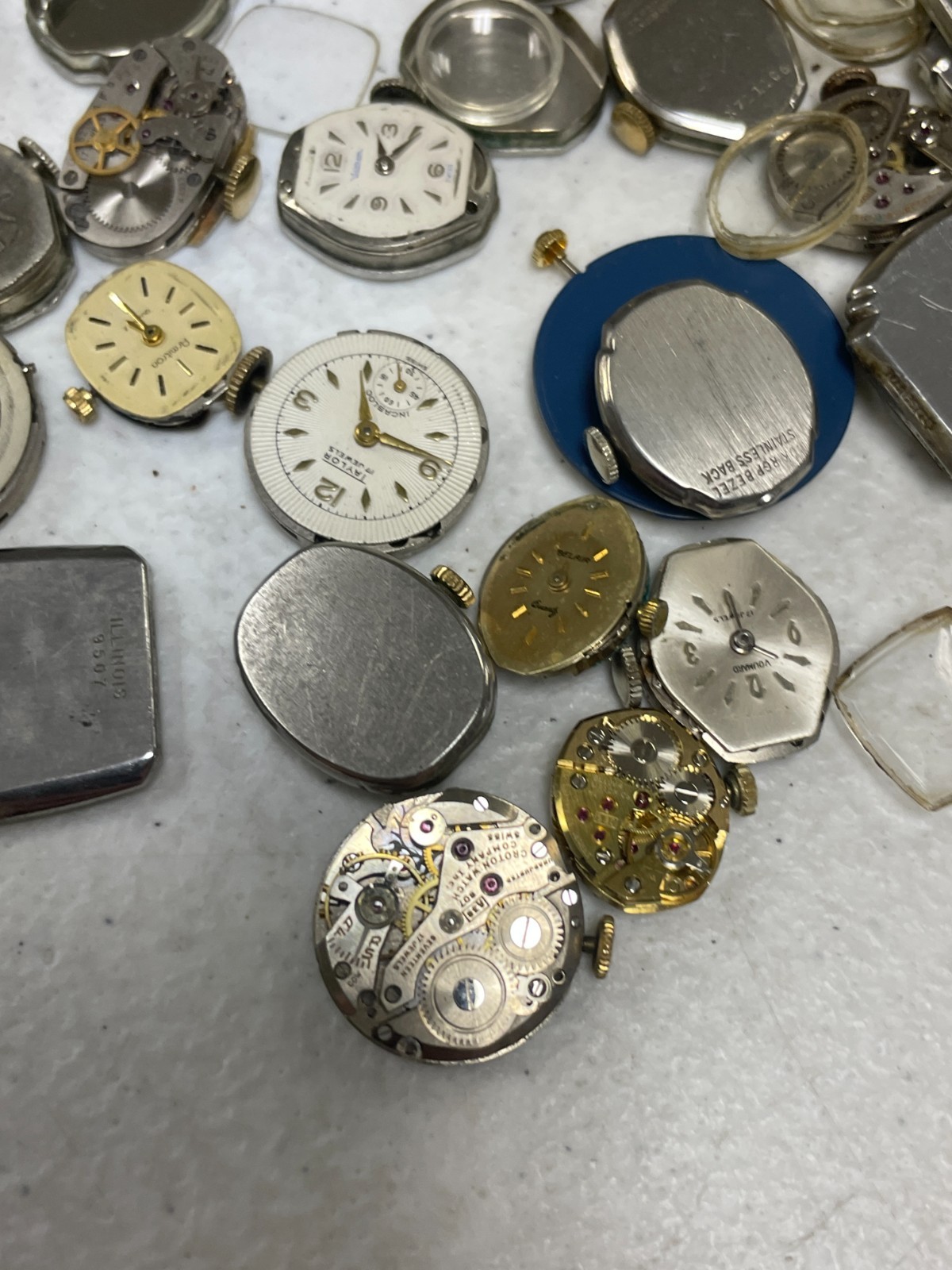 Vintage Watch Repair Parts Lot Movements Cases Dials Crystals Bulova Elgin Craft