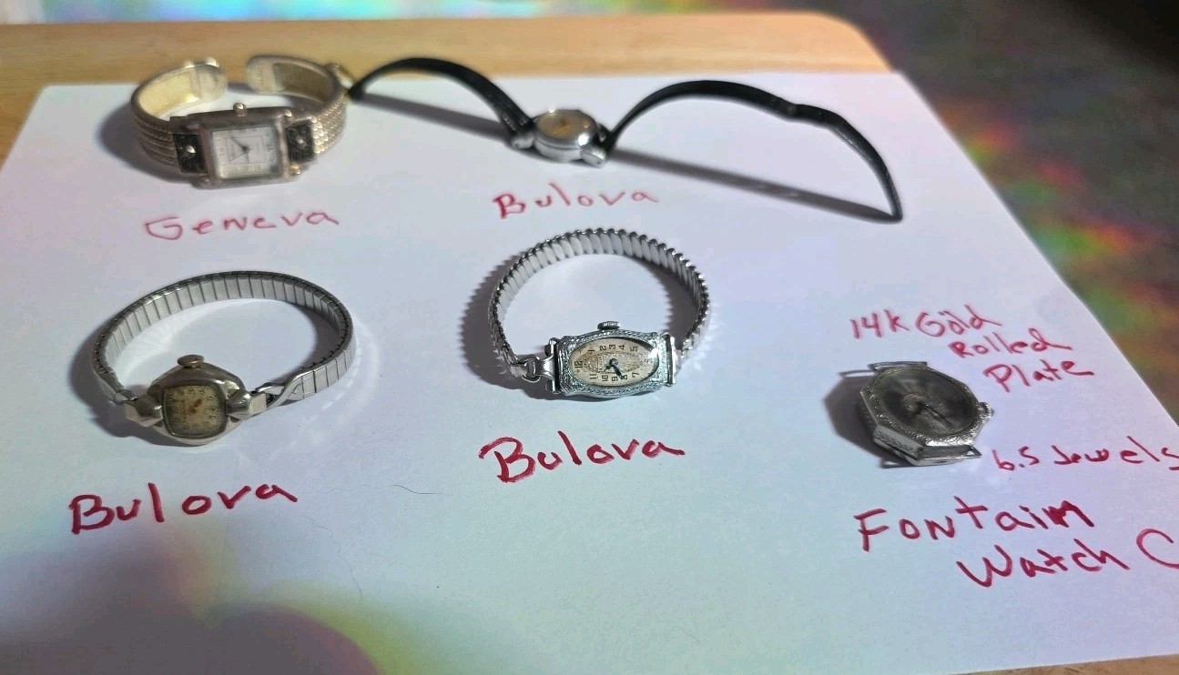 Fontain Wristwatch 14k Gold Rolled Plate Parts & 3 Bulova & 1 Geneva All Parts