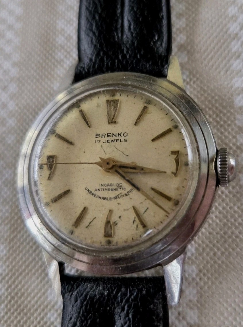 Vtg 1940/50’s Brenko Watch (Brenzikofer & Co.) 17j WW2? working VG New Vyl Band