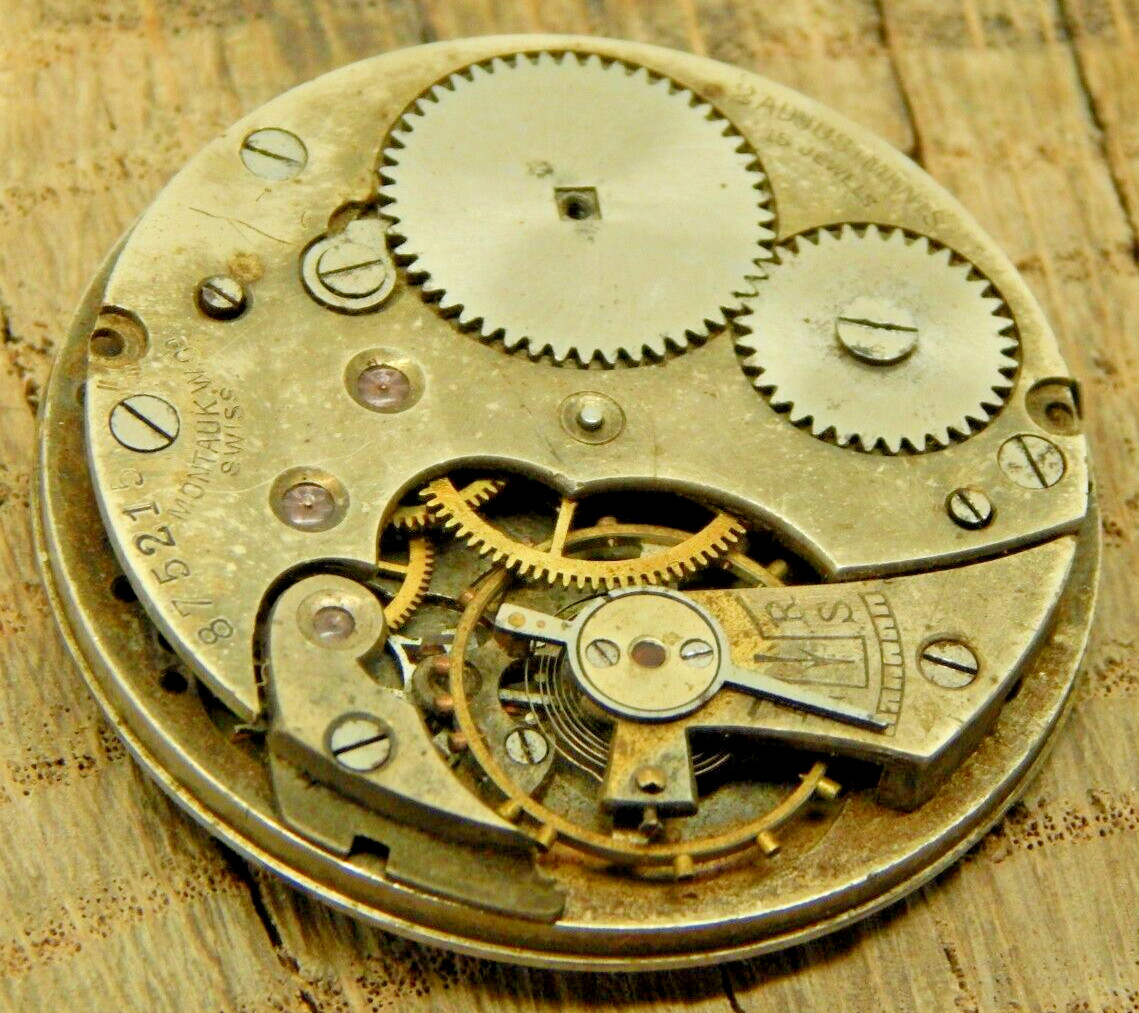 Antique Vintage Pocket watch movement Montauk WC Swiss 15j 2adj 37.6mm Openface