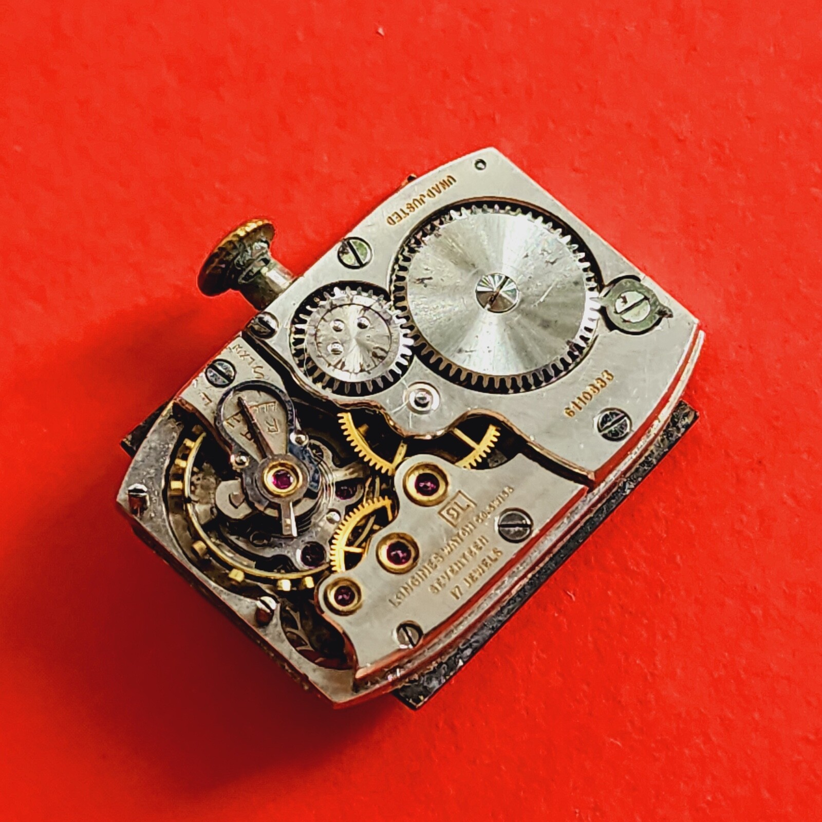 Longines Watch Movement Cal 9L Rectangle Dial Hands Crown Stem Ticks For Parts