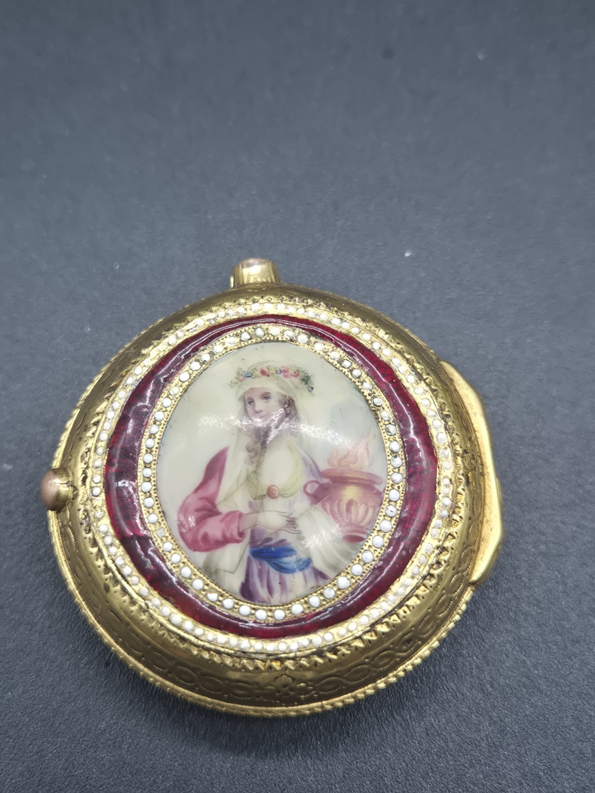 Antique Pocket Watch Case 18th Century Hand-Painted Enamel Virgin Vestal