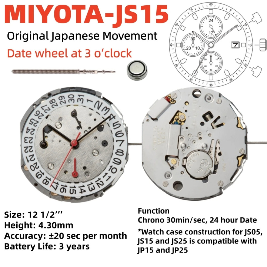 Genuine Miyota JS15 Quartz Chronograph Movement 3-Eye 6/9/12 Date 3H Japan New