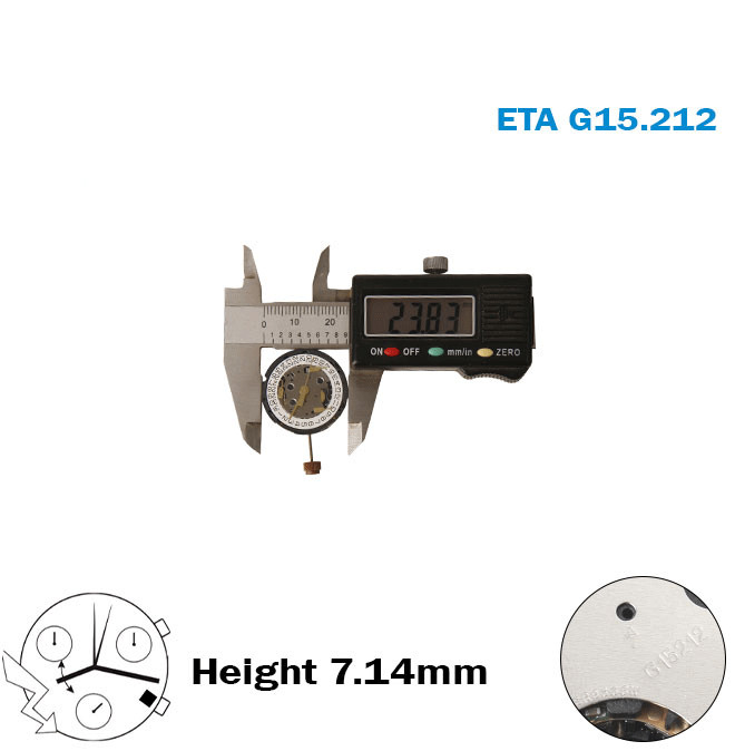 ETA G15.212 -Swiss Movement-White Date Disk at 4-6 Jewels-Chronograph-H:7.14mm.