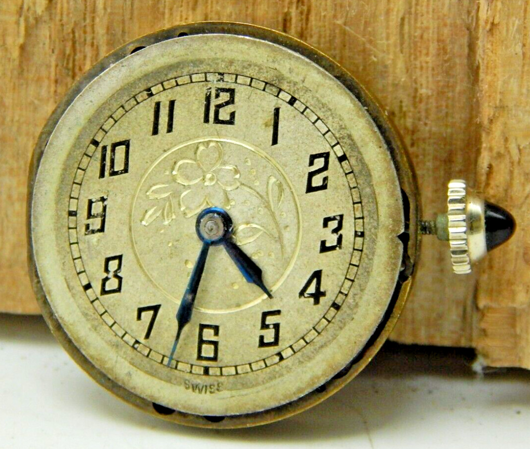 Vintage ARGO 6 jewel 2 adjustment 8/0s watch movement with dial hands and crown