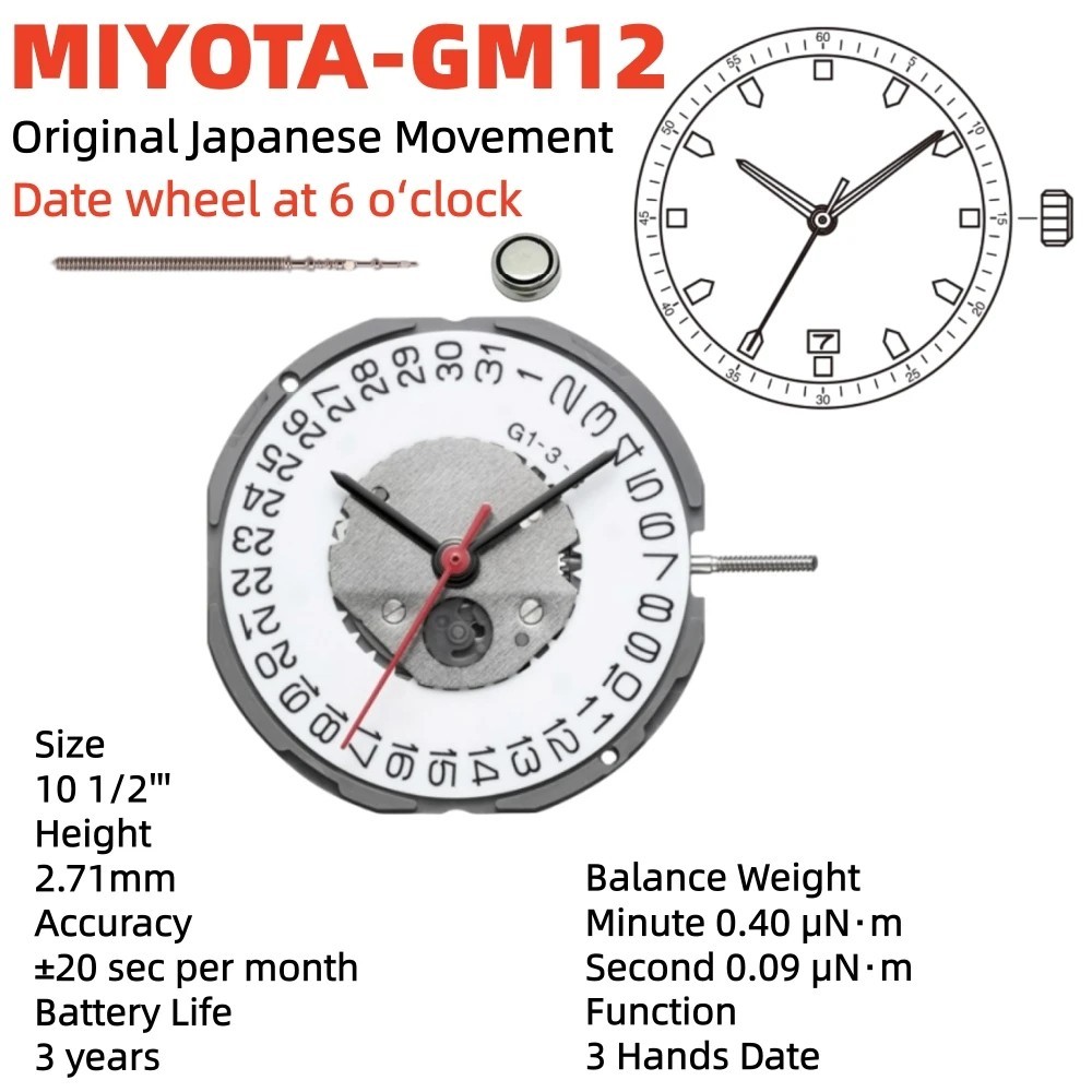 GM12 Movement Genuine Japan MIYOTA Watch Movement 3 Hands Date At 3 / 6