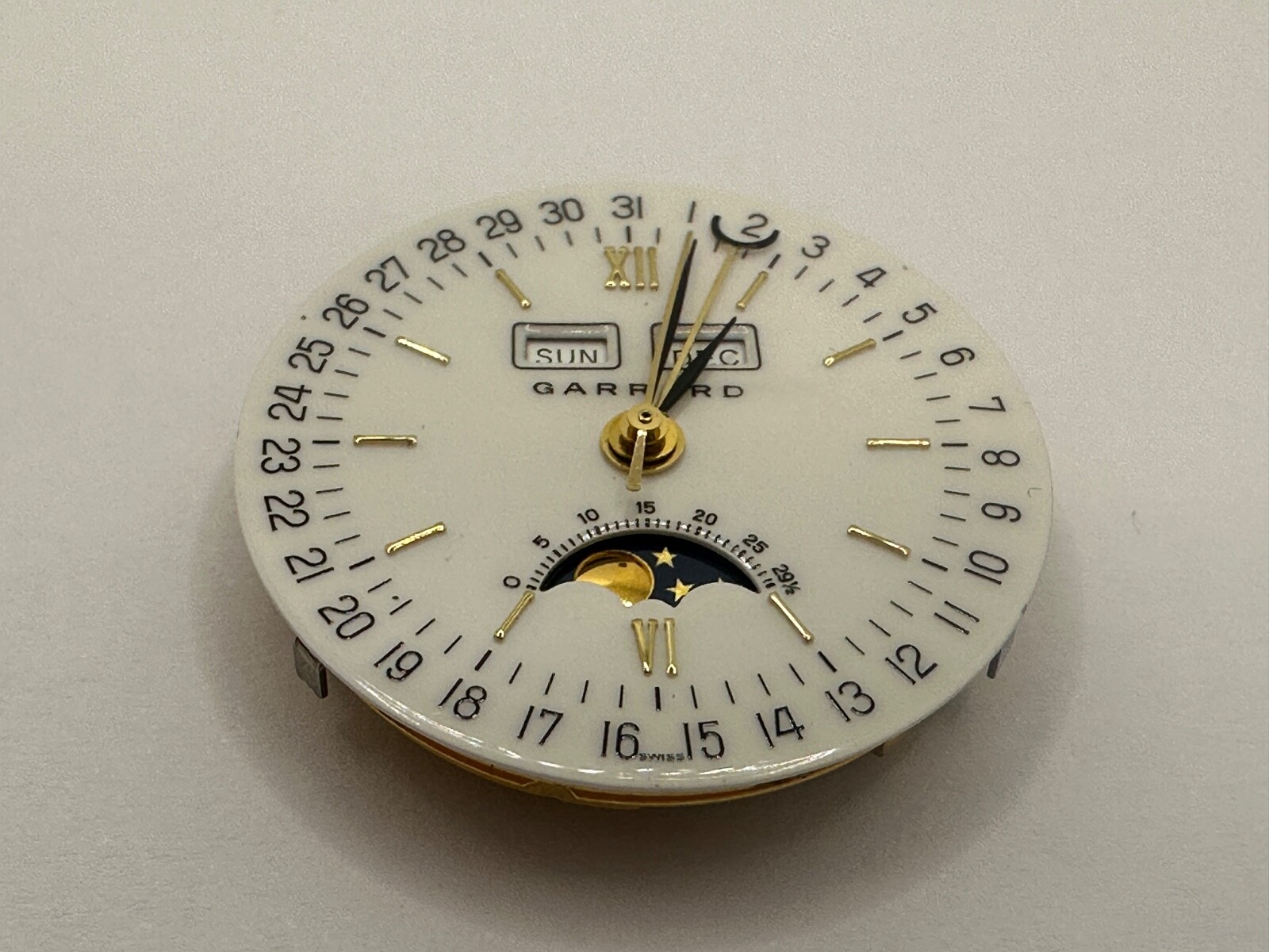 ORIGINAL GARRARD ETA 2892-A2 Movement Moonphase and Day-Date-Month Dial & Crown