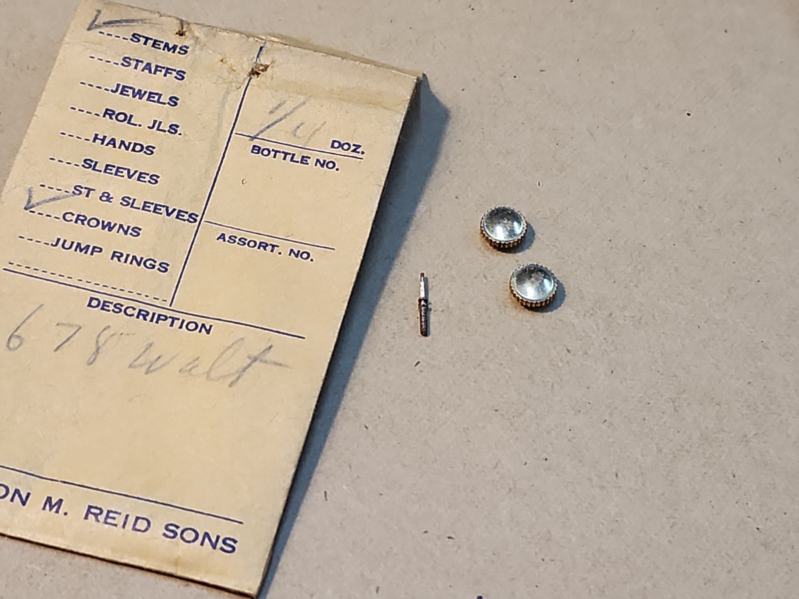 NOS Waltham 678 Stem & 2 Yellow Crowns Parts Spares Repairs