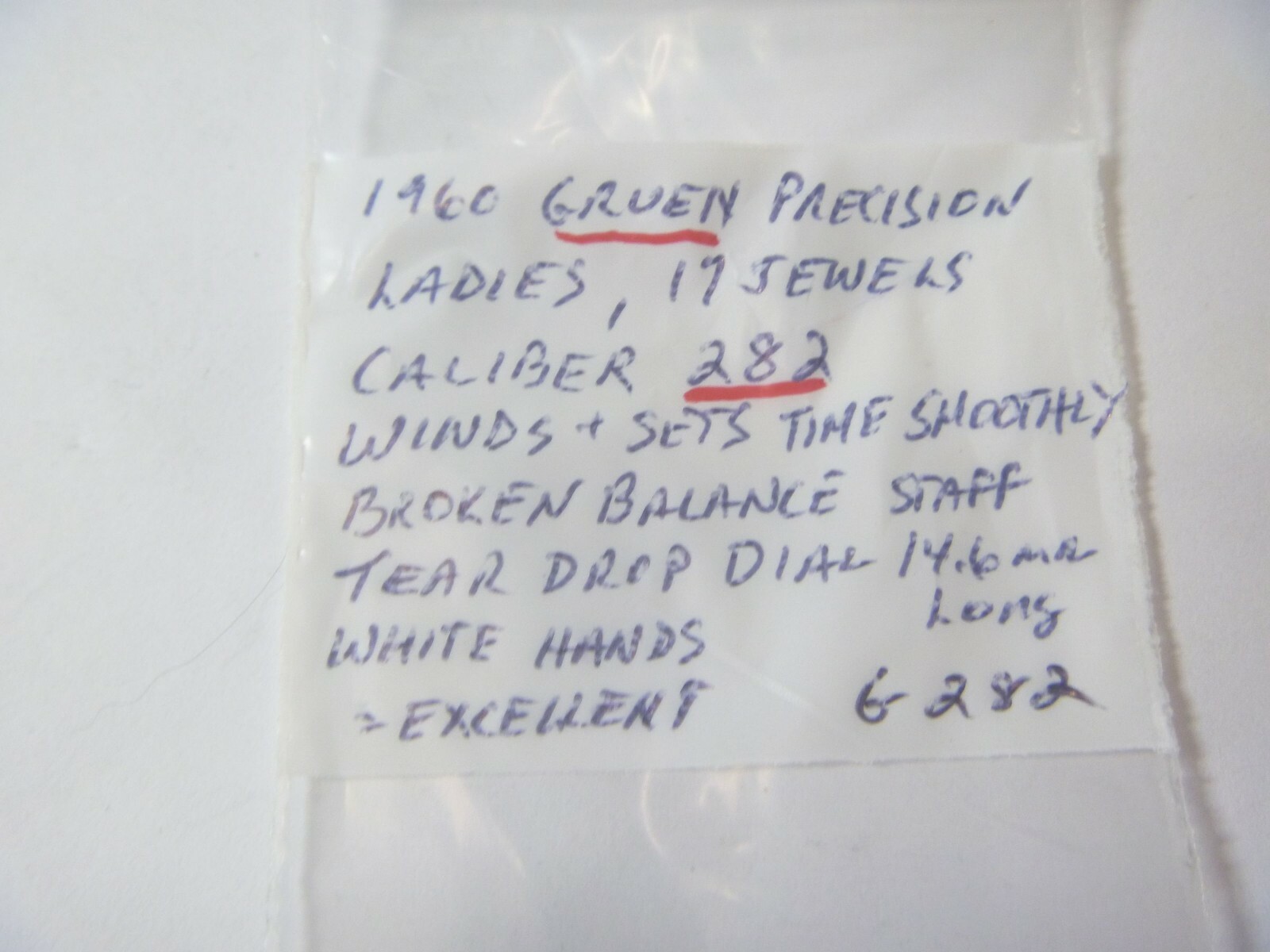 1950s Gruen Precision Lds Caliber 282 17 Jewels Swiss Movt Teardrop Dial Hands!