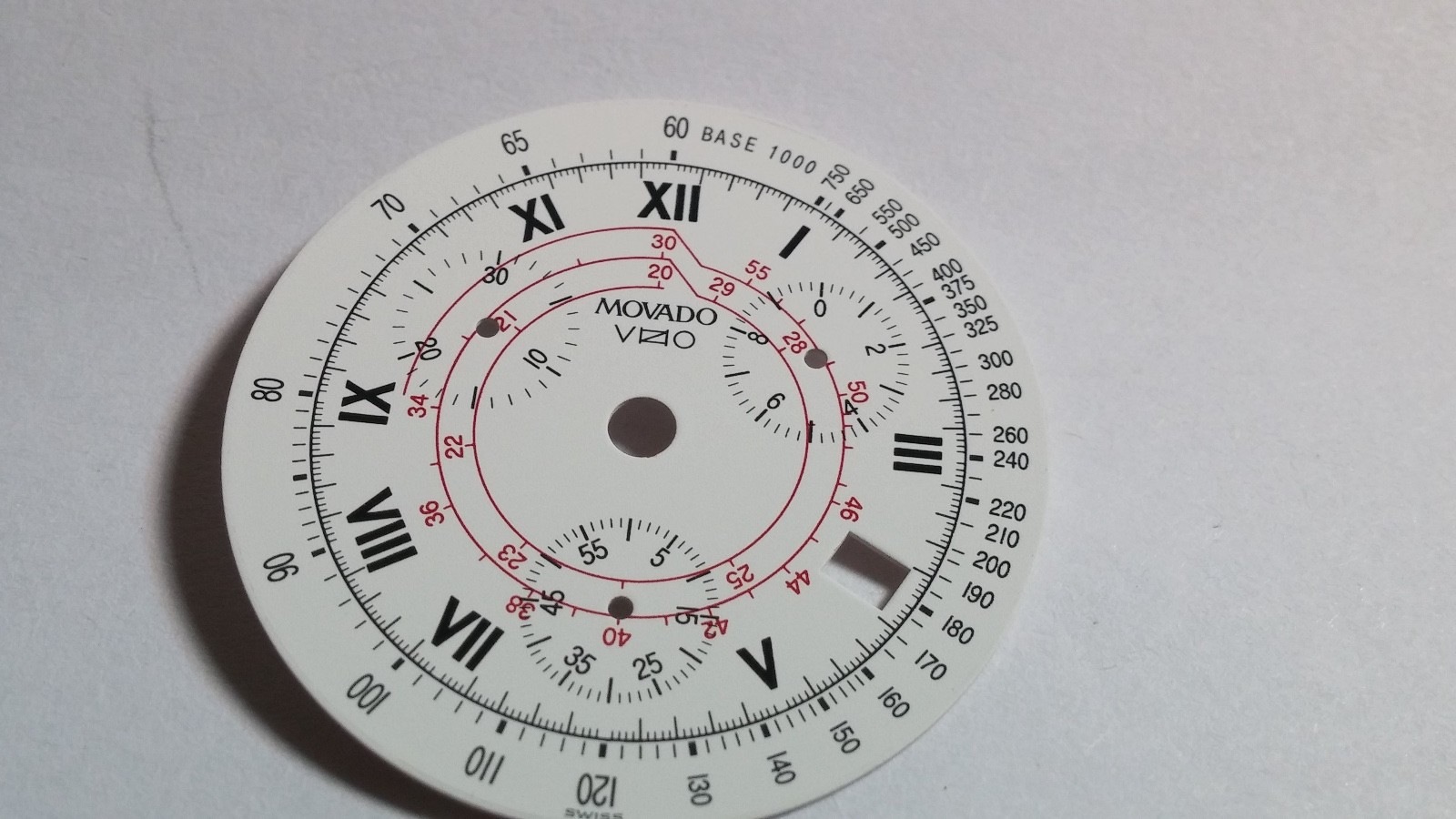 Movado Vizio dial, white, red, black, date window, chrono, 31.6mm diameter