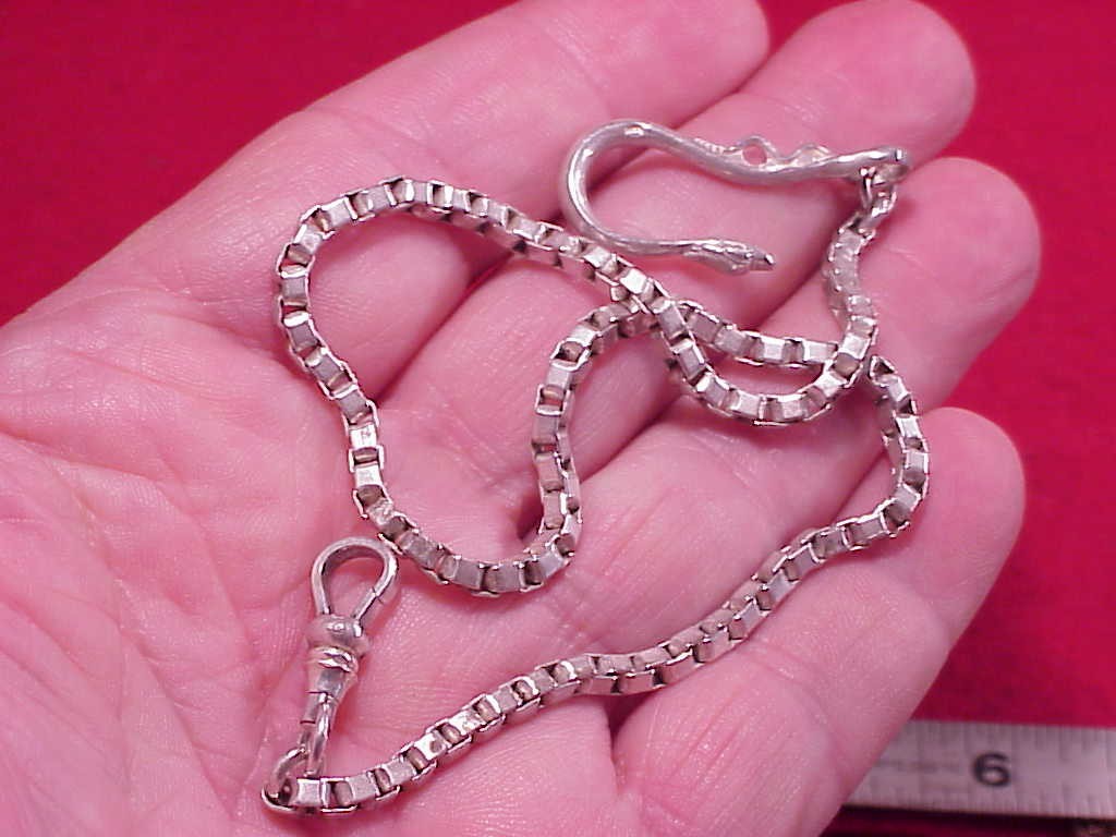 VINTAGE SNAKE SHEPHERD HOOK SILVERPLATED POCKET WATCH CHAIN EARLY BOXLINK 13.25″
