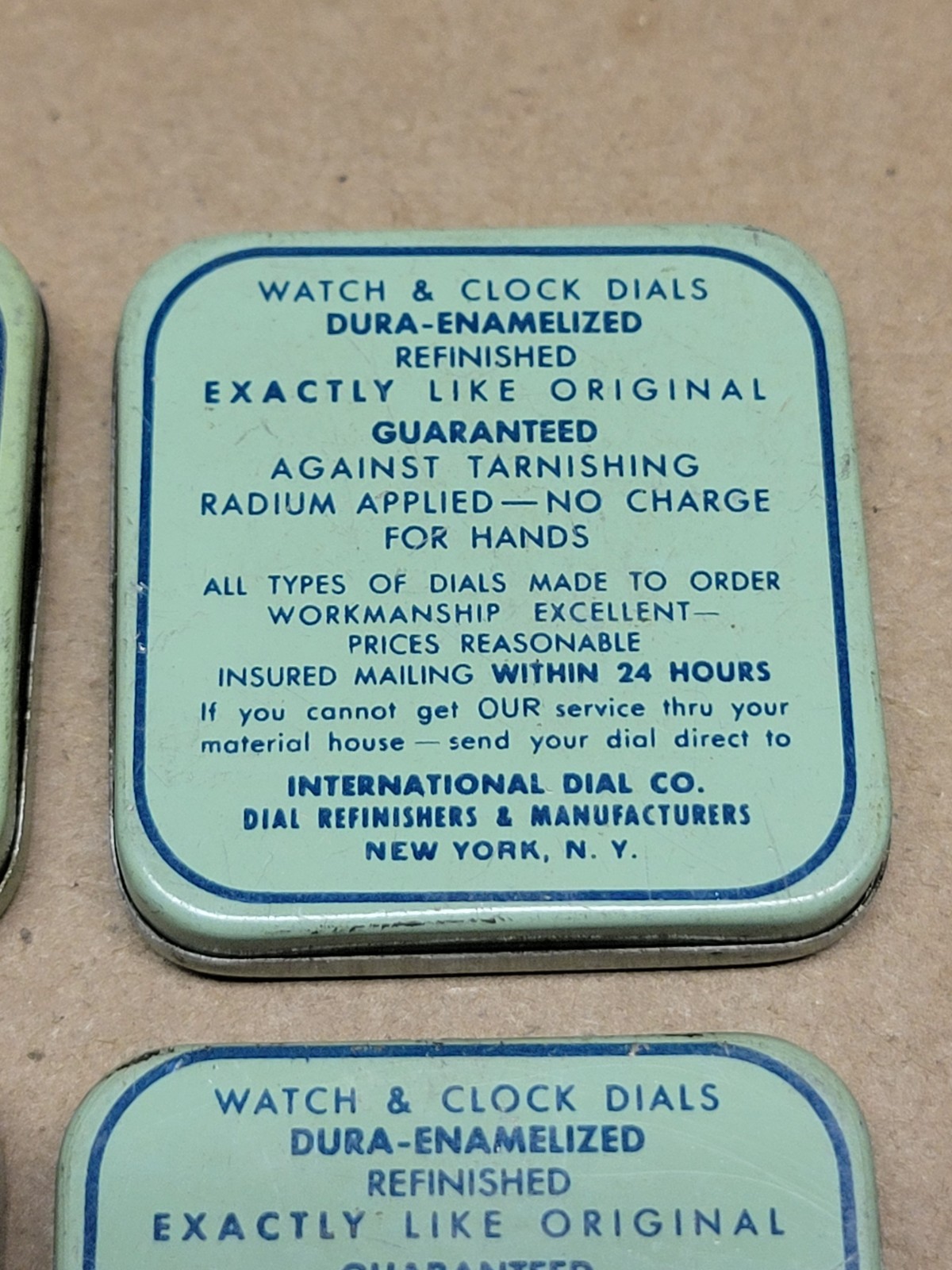 4 International Dial Co Watchmaker Small Parts Storage Tins Metal Tin + 2 Extra