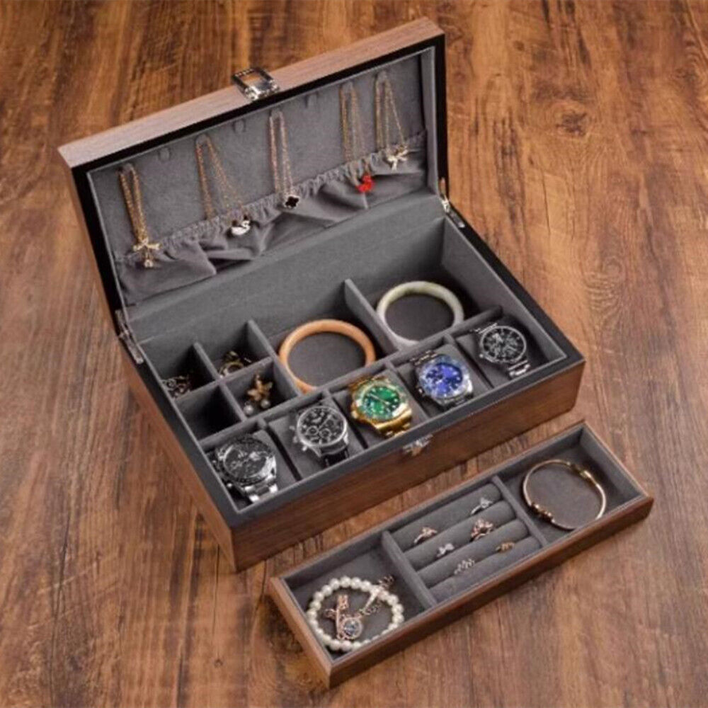 Walnut Wood Watch Box Organizer Case 5 Slots Double Layers Storage Box Display