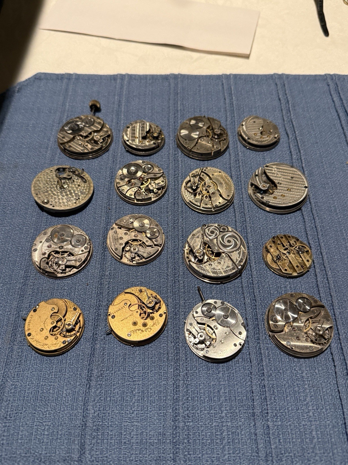 Lot of 15 Antique Pocket Watch Movements Elgin Hampden NY Standard Parts Repair