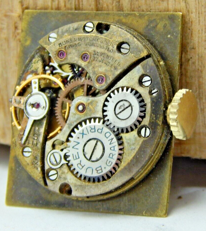 Vintage Buren 17 jewel men’s wrist watch movement with dial, hands and crown
