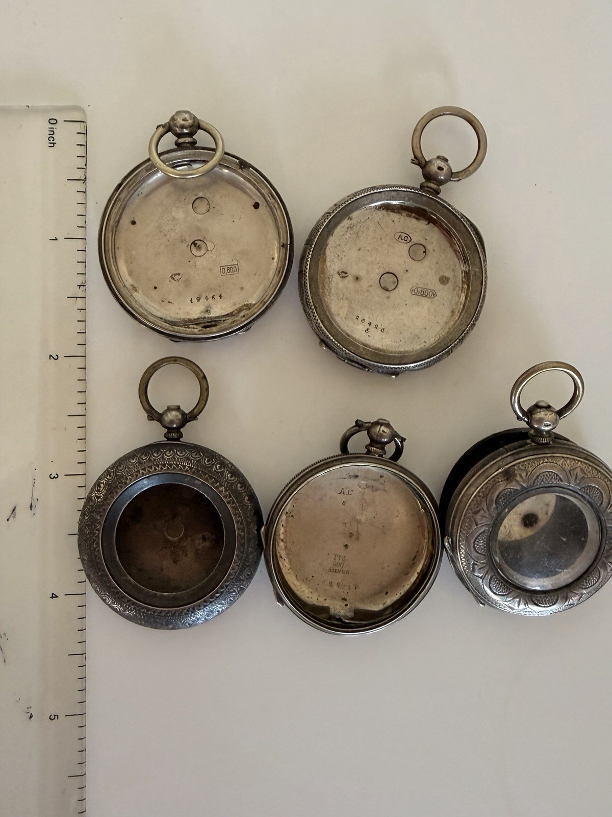 Lot of 5 Antique 800 Silver Pocket Watches & Cases Repair Spares Parts
