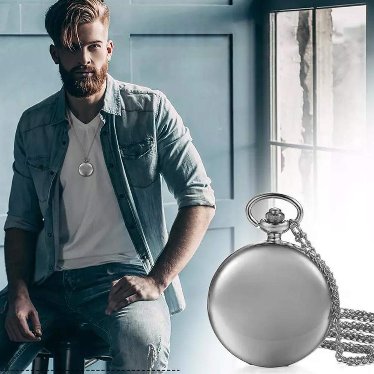 Set of 2 Classic Pocket Watch with Chain for Men and Women Black Silver