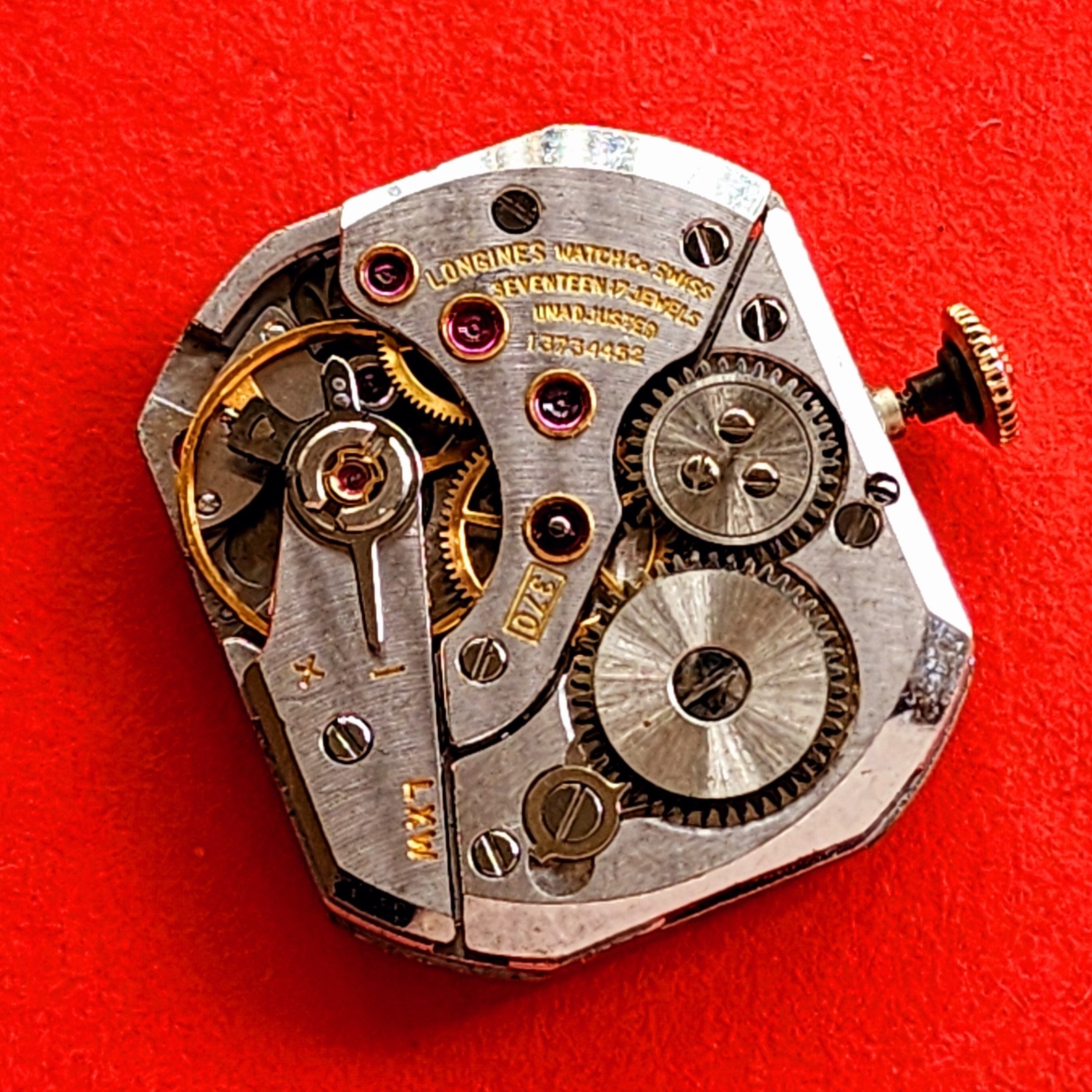 Longines Watch Movement Cal 370 Rectangle Dial Hands Crown Stem Ticks For Parts