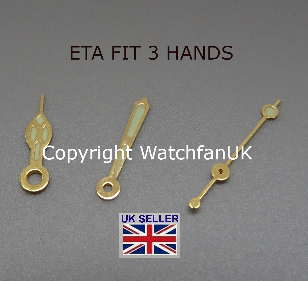 3 Watch Hands With Green Lume 1.2mm/0.7mm/0.2mm Fits all ETA Quartz GT