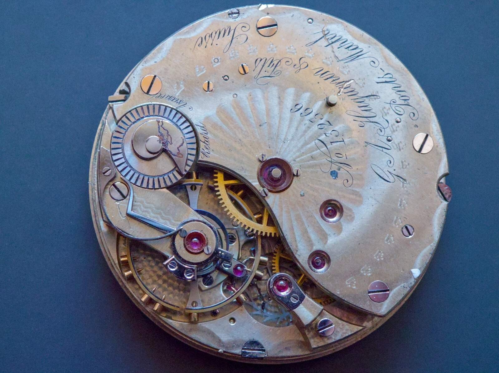 ANTIQUE POCKET WATCH MOVEMENT HELICAL HAIRSPRING G.A.HUGUENIN & FILS