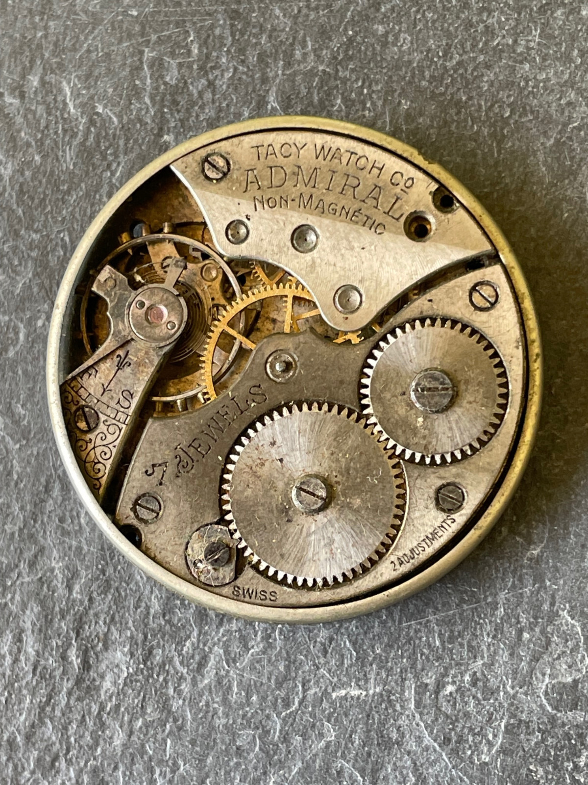 Antique Tacy Watch Co Admiral 7 jewel Swiss pocket Watch Movement PARTS REPAIR