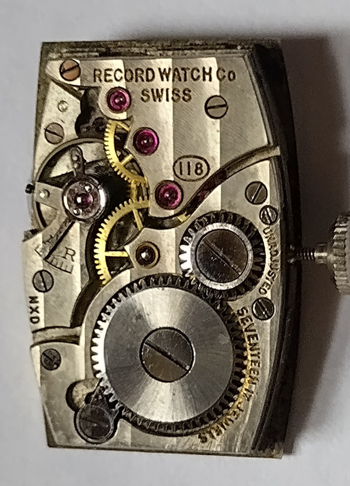 Vintage Record wristwatch movement barrel shape cal 118 17j.