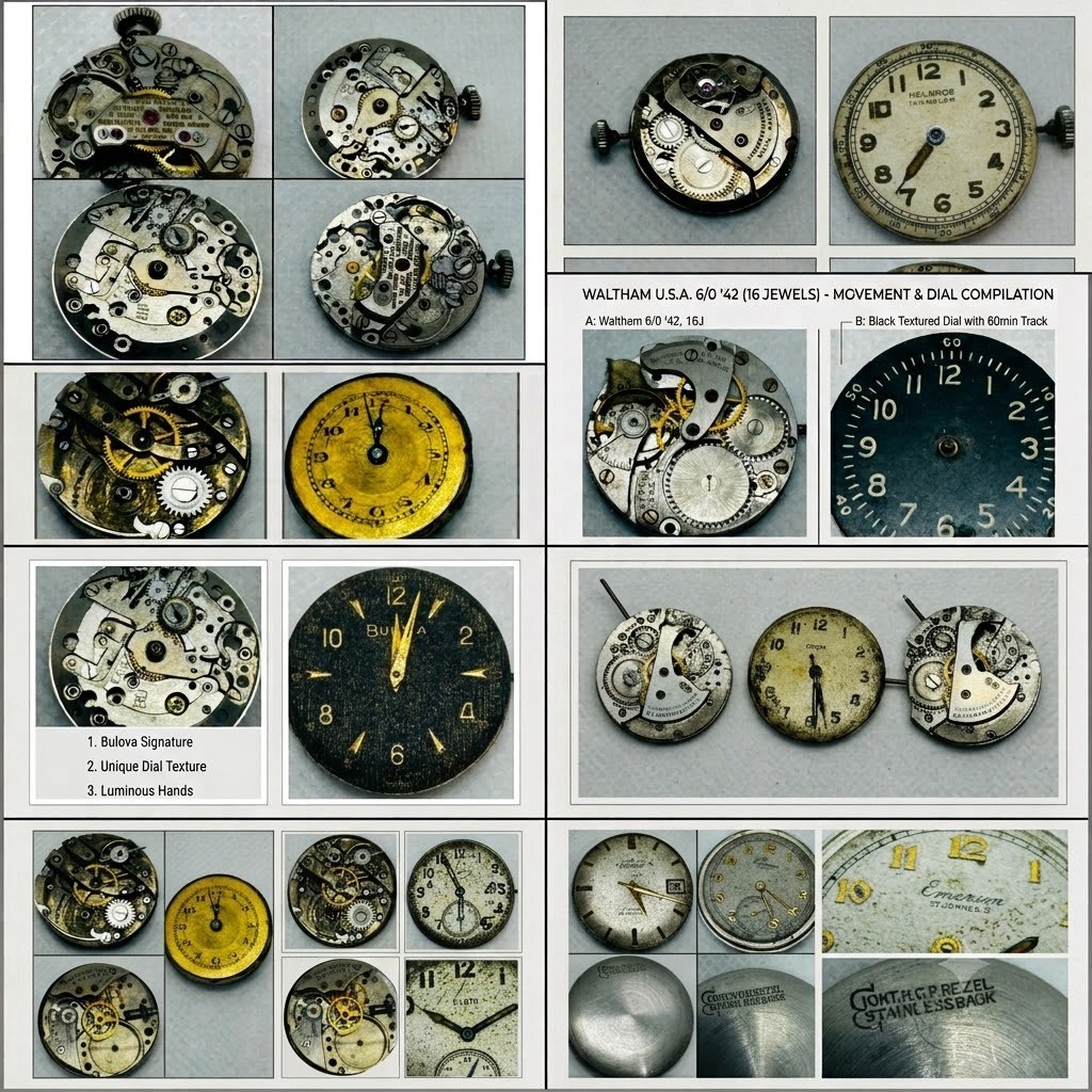 Vintage Watch Movement & Dial Parts Lot: Vulcain Waltham Bulova Elgin and more