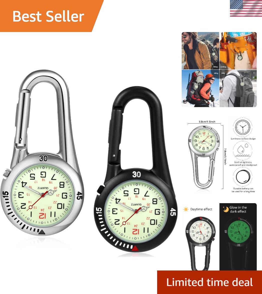 2 Pieces Clip on Quartz Watch Backpack Fob Belt Glow in The Dark Unisex Pocke…