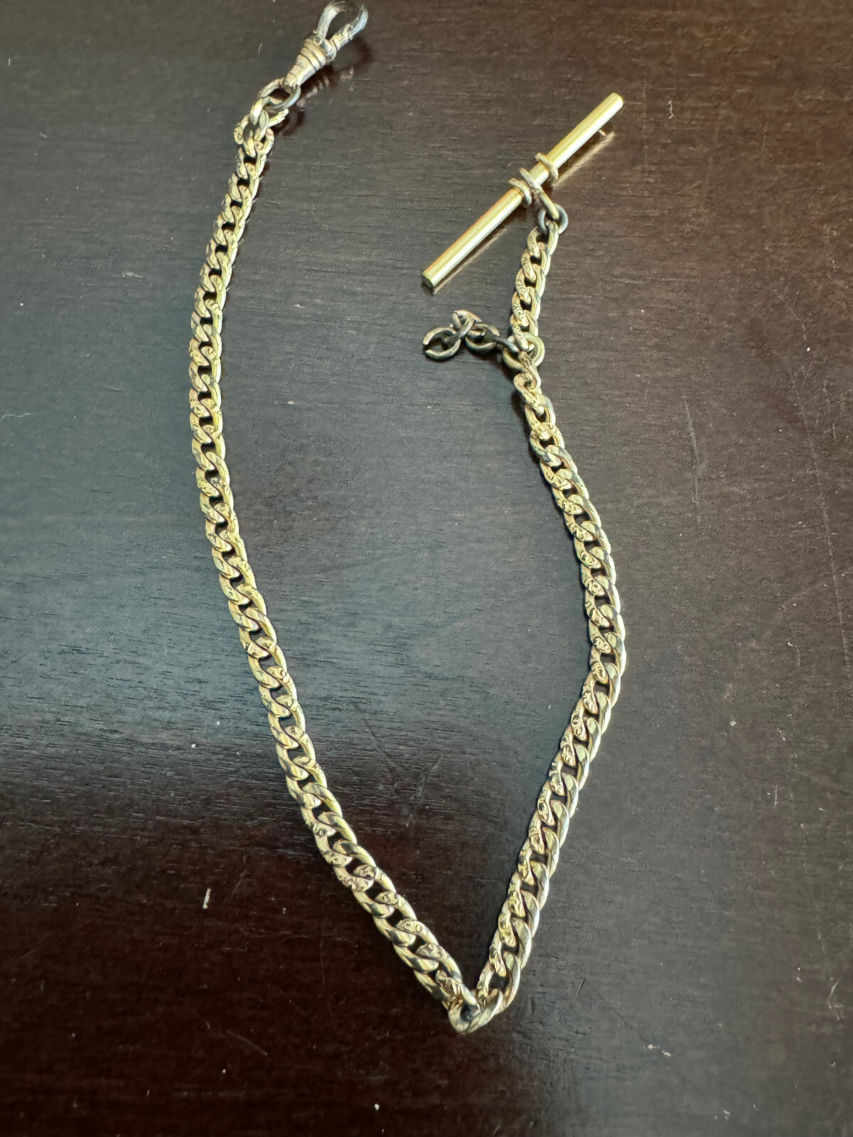 VINTAGE 12 INCH PREMIUM POCKET WATCH CHAIN T-BAR, HAS A LOT OF WEAR