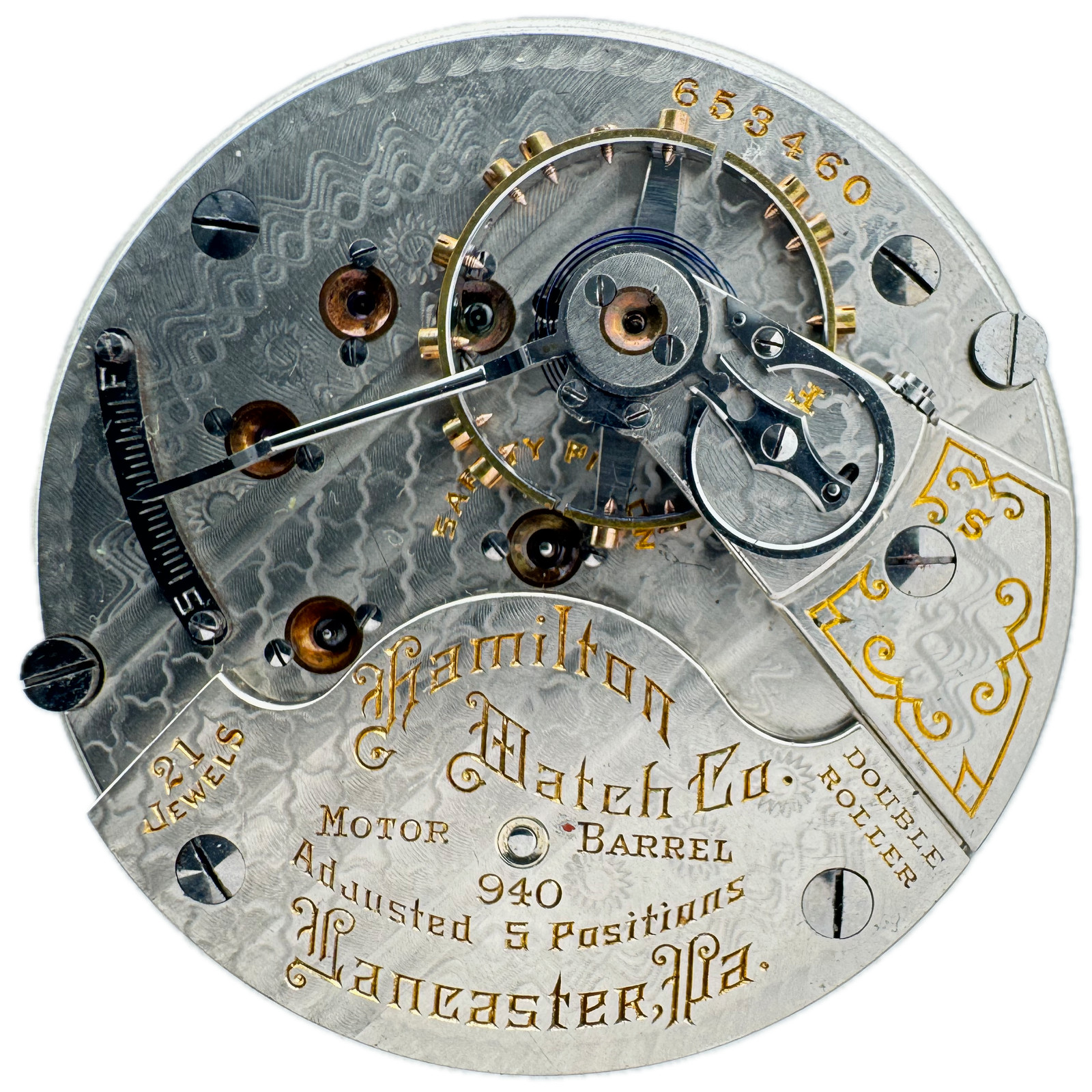 Antique 18s Hamilton Railroad Class A Pocketwatch Movement 940 Spirograph Design