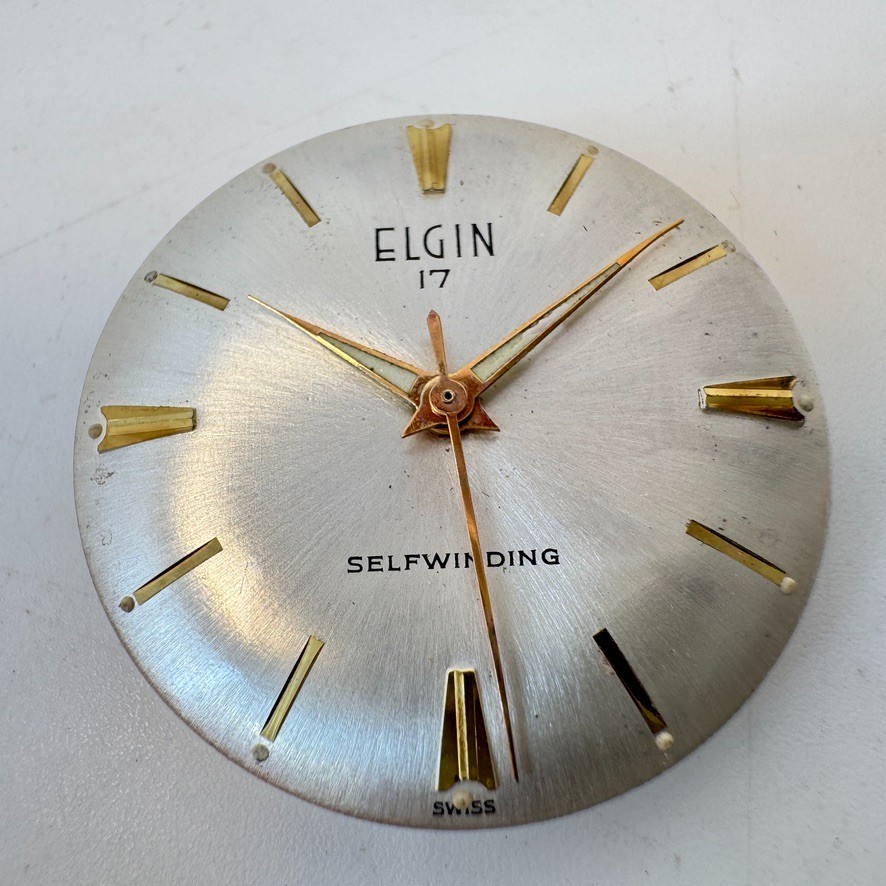 Elgin NOS 17 Jewel Watch Dial 27.4mm Diameter – Silver w/ Gold Hands & Indices