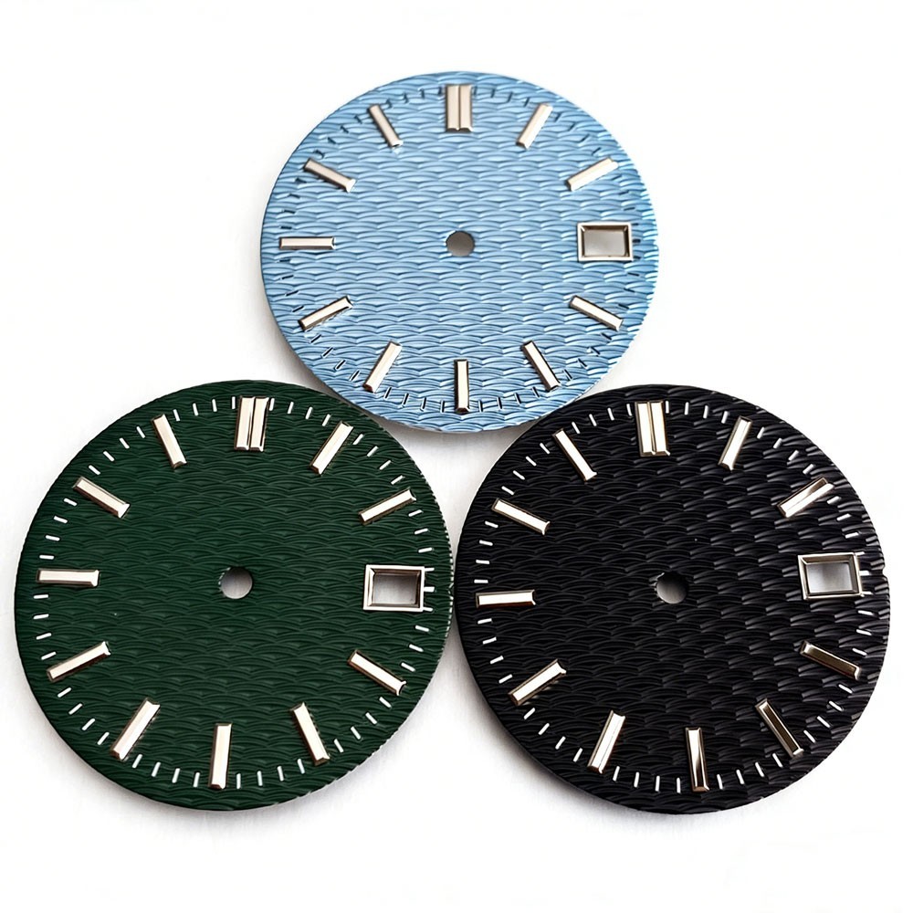 Fit NH35 Black/Blue/Green/White 29mm Watch Dial Wavy Texture Baton Marks Sterile