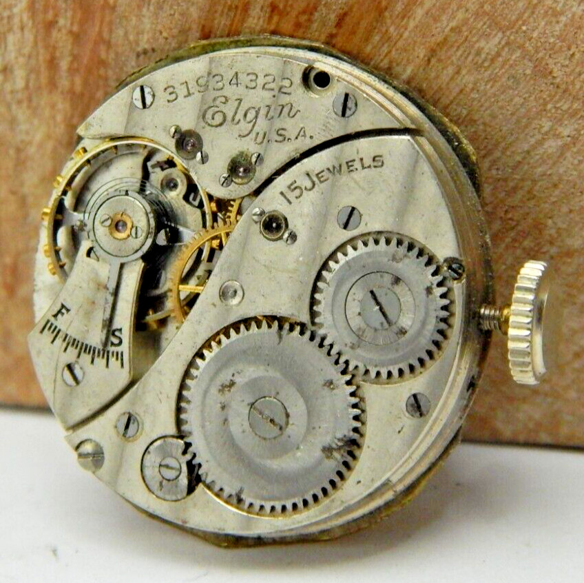 Vintage 1929 Elgin 428 15 jewel 6/0s men’s wrist watch movement w/ dial & crown
