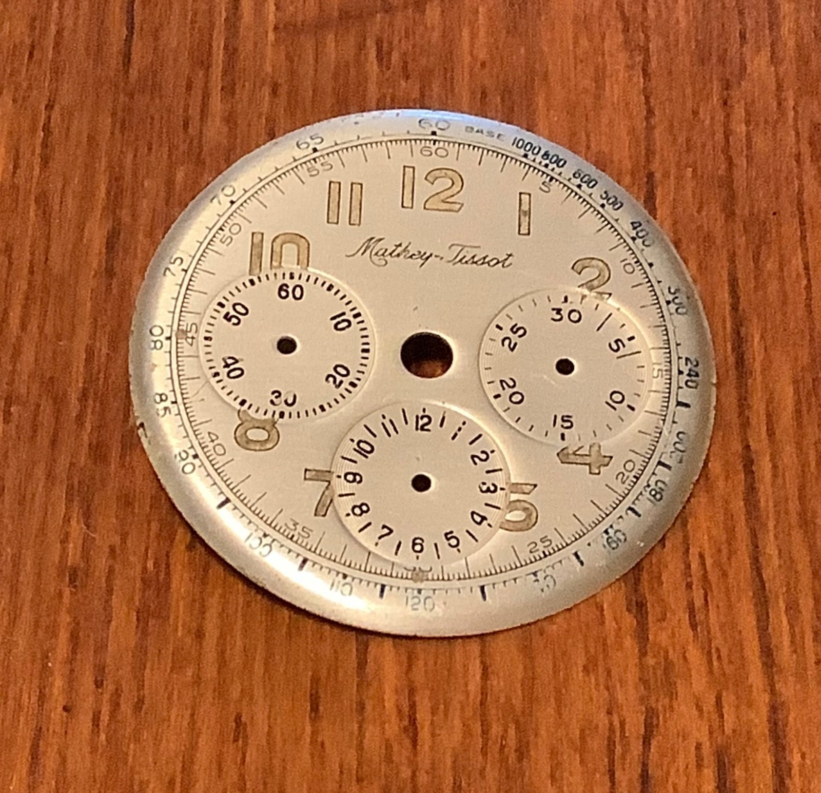 Mathey Tissot Three Register Chronograph Arabic Numerals Silver Dial 28.4mm