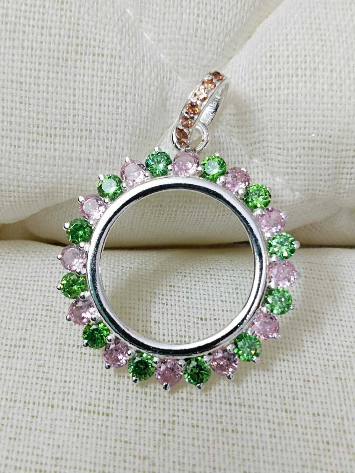 925 Sterling Silver Round Bezel Pendant Blank Green & Pink CZ Handmade Coin
